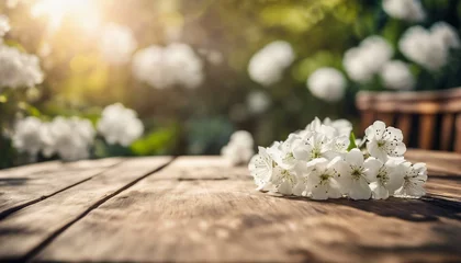 Foto op Plexiglas Wooden table, flowers, sun © Marlon