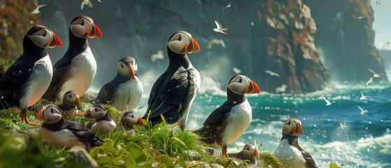A group of puffins standing on the edge of an island, their black and white feathers contrasting with green grasses below them, while other birds perched nearby show off vibrant orange beaks