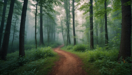 Naklejka premium Misty Forest Path – Serene Nature Landscape with Winding Trail, Foggy Trees, and Tranquil Woodland Atmosphere