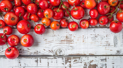 A bunch of red cherries are on a wooden table. The cherries are ripe and ready to be eaten