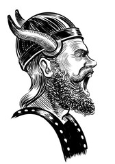 Angry Viking. Hand drawn retro styled black and white illustration - 770599240