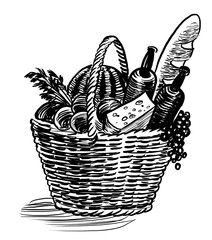 Food basket. Hand drawn retro styled black and white illustration - 770599290