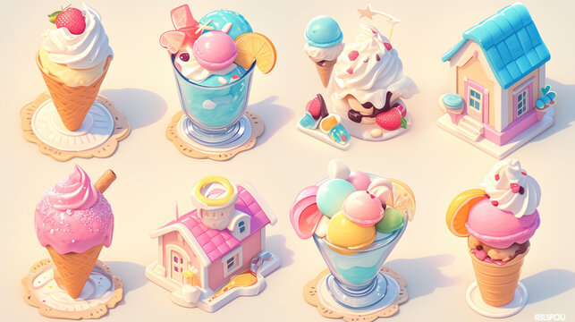 Set of ice cream and gingerbread house icons