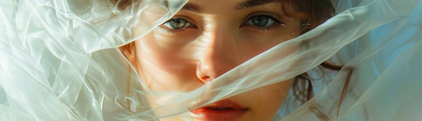 A Close-up portrait of a woman with a captivating gaze veiled in a translucent fabric - obrazy, fototapety, plakaty