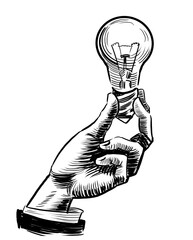Hand with an electric bulb. Hand drawn retro styled black and white illustration - 770599416