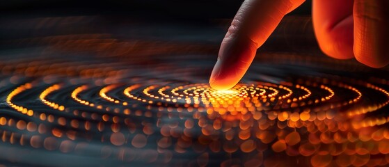 A finger traces a glowing orange spiral pattern on a dark background - obrazy, fototapety, plakaty
