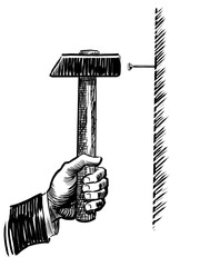 Hand with hammer hitting a nail. Hand drawn retro styled black and white illustration - 770599635