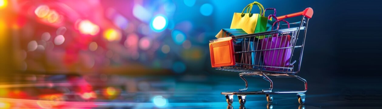 A Glowing shopping cart filled with colorful packages on a reflective surface