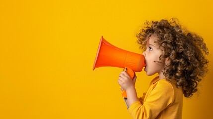 A little girl with curly hair uses an orange megaphone to make an announcement - obrazy, fototapety, plakaty