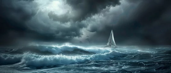 Fotobehang A lone sailboat facing tumultuous waves in a stormy sea under dark skies. © Creative_Bringer