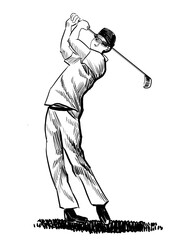 Golf player. Hand drawn retro styled black and white illustration - 770599834