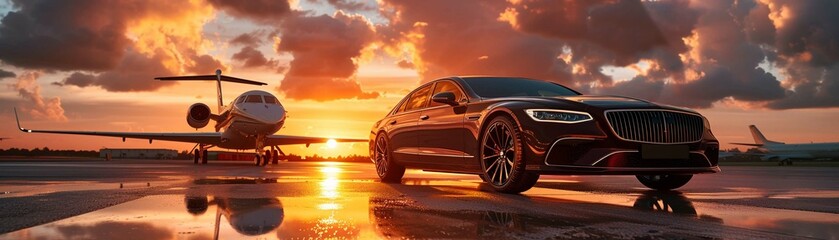 A luxury sedan car parked on an airstrip beside a private jet against a stunning sunset backdrop - obrazy, fototapety, plakaty