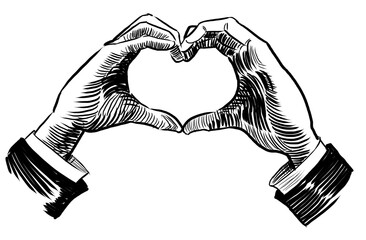 Hands shaping heart. Hand drawn retro styled black and white illustration - 770599874