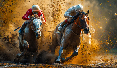 Two jockeys are racing horses in a muddy field. The horses are covered in mud and dirt, and the jockeys are wearing red and white outfits. - obrazy, fototapety, plakaty