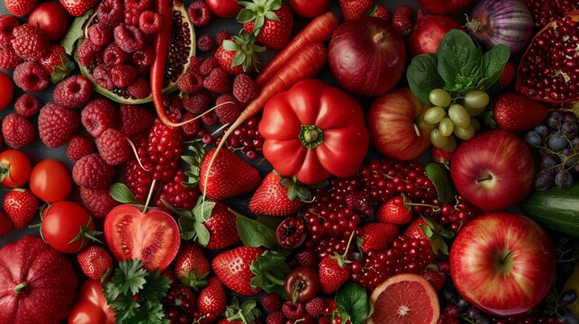 A lavish spread of red fruits and vegetables arranged artistically