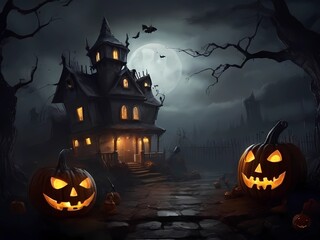 Haunted house background and tree with pumpkins