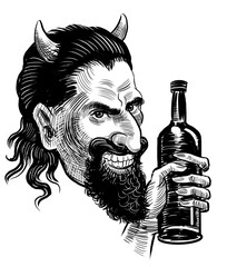 Satan with a bottle of alcohol. Hand drawn retro styled black and white illustration - 770600064
