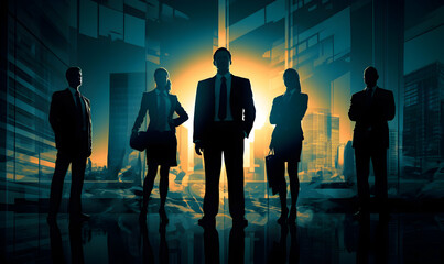 Silhouettes of business people against orange background with vignette - obrazy, fototapety, plakaty