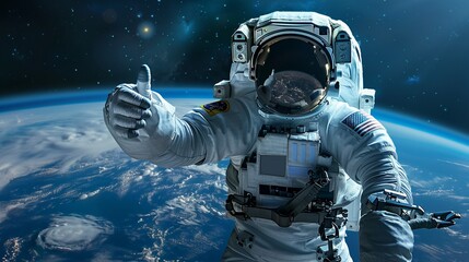 An Astronaut in space suit giving a thumbs up gesture with Earth in the background