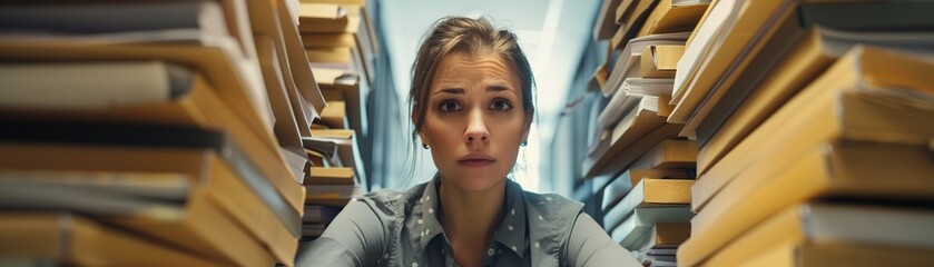 A woman looks overwhelmed sitting between towering stacks of paperwork in an office setting.