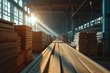 Blurred defocused sawmill with extensive open air racks loaded with different types of boards. A large sawmill where wood is turned into valuable building materials. Heaps of wooden planks