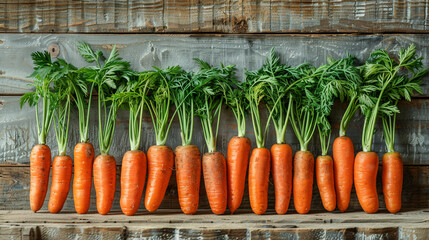 Carrot overhead group lined up on old rustic brown wooden table in studio