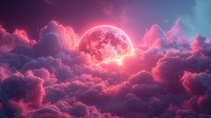 Spectacular sunset with neon glow of the moon and clouds.