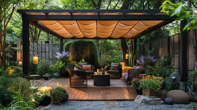 a pergola shade structure, an awning, a patio roof, a dining table with sofa ,arm chairs 