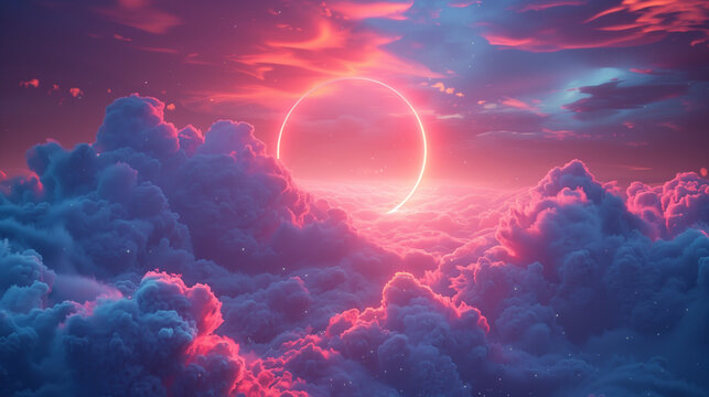 Glowing pink neon ring against soft clouds background