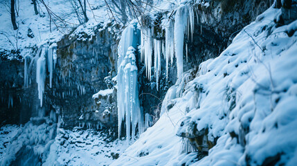 A frozen waterfall in winter icicles hanging from the cliff edge surrounded by snow.