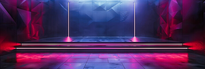 Futuristic Room Illuminated by Neon Blue Lights, Showcasing Modern Design and Advanced Technology