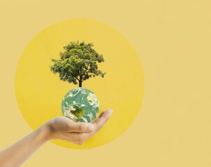 A simple hand holds a tree in front of a globe collage. Environmental awareness, Nature conservation, Earth concept