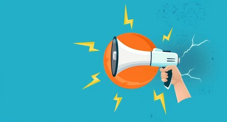 A megaphone surrounded by lightning bolts in a flat design. Marketing message, Electric advertisement, Business concept