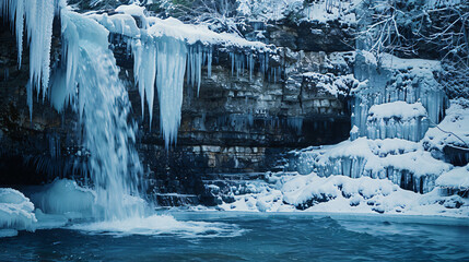 A frozen waterfall with icicles hanging from the cliff winter wonderland scene.