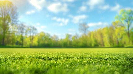 Fototapeta na wymiar Beautiful blurred background image of spring nature with a neatly trimmed lawn surrounded by trees against a blue sky with clouds on a bright sunny