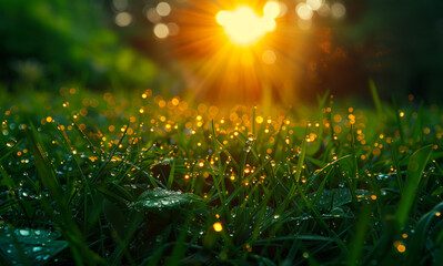 A field of grass with a sun shining on it