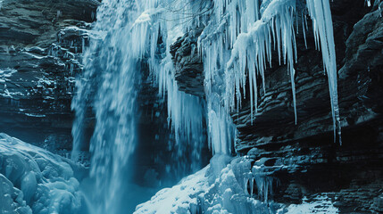 A frozen waterfall with icicles hanging from the cliff winter wonderland scene. - obrazy, fototapety, plakaty