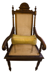 Retro wooden chair in brown color with yellow cushion. Front view. - obrazy, fototapety, plakaty