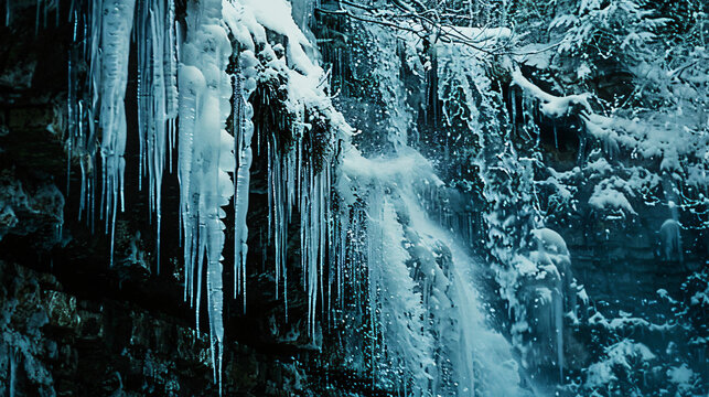 A frozen waterfall with icicles hanging from the cliff winter wonderland scene.
