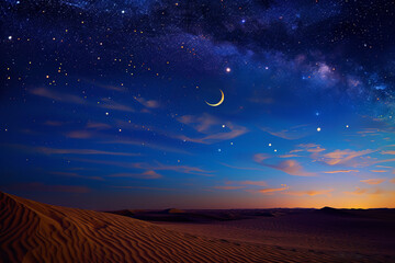 Star-filled sky over a peaceful desert landscape, with a crescent moon casting gentle light - obrazy, fototapety, plakaty