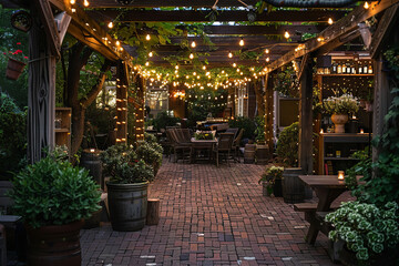 rooftop garden under the stars, with twinkling lights and cozy seating areas 