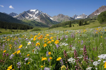  alpine meadow blooming with wildflowers, beneath snow-capped mountains under a clear blue sky - obrazy, fototapety, plakaty
