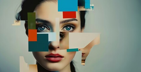 An attractive woman's photo with colorful squares cut out, Creativity, Artistic expression, Collage concept