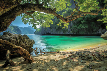 secluded cove with turquoise waters, surrounded by cliffs and lush foliage