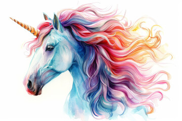 Obraz na płótnie Canvas A whimsical, hand-drawn clipart of a pastel watercolor unicorn, mane flowing with the colors of the spring, isolated on white
