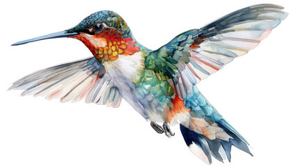 Obraz premium Hand-drawn clipart of a pastel, watercolor hummingbird in mid-hover, delicate wings a blur of soft colors, isolated on white