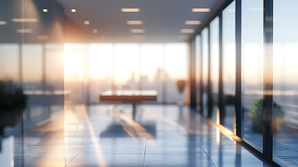  Beautiful blurred background of a light modern office interior with panoramic windows and beautiful lighting
