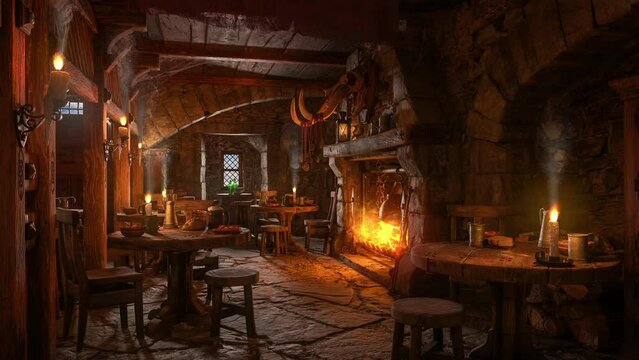 Dark moody medieval tavern inn interior with food and drink on tables, burning open fireplace, flickering candles and daylight through a window. 3D rendered animation.