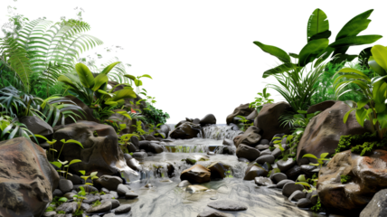 A clear jungle stream winding through rocks isolated on transparent background