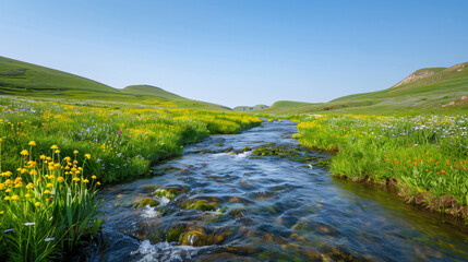 Fototapeta na wymiar A gently flowing stream in a serene valley flanked by wildflowers and green meadows under a clear sky.